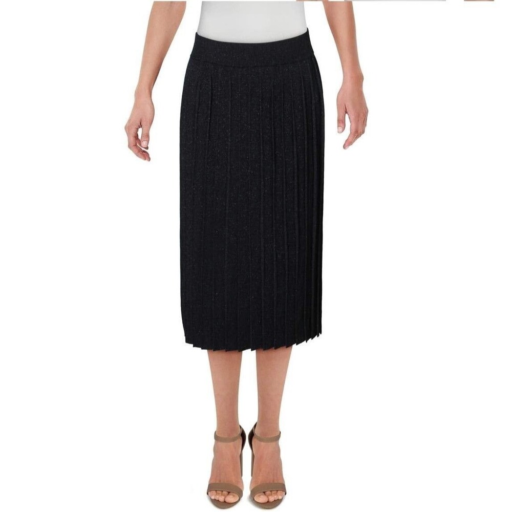 Anne Klein Womens XL Black Metallic Pleated Midi Skirt NWT AX63